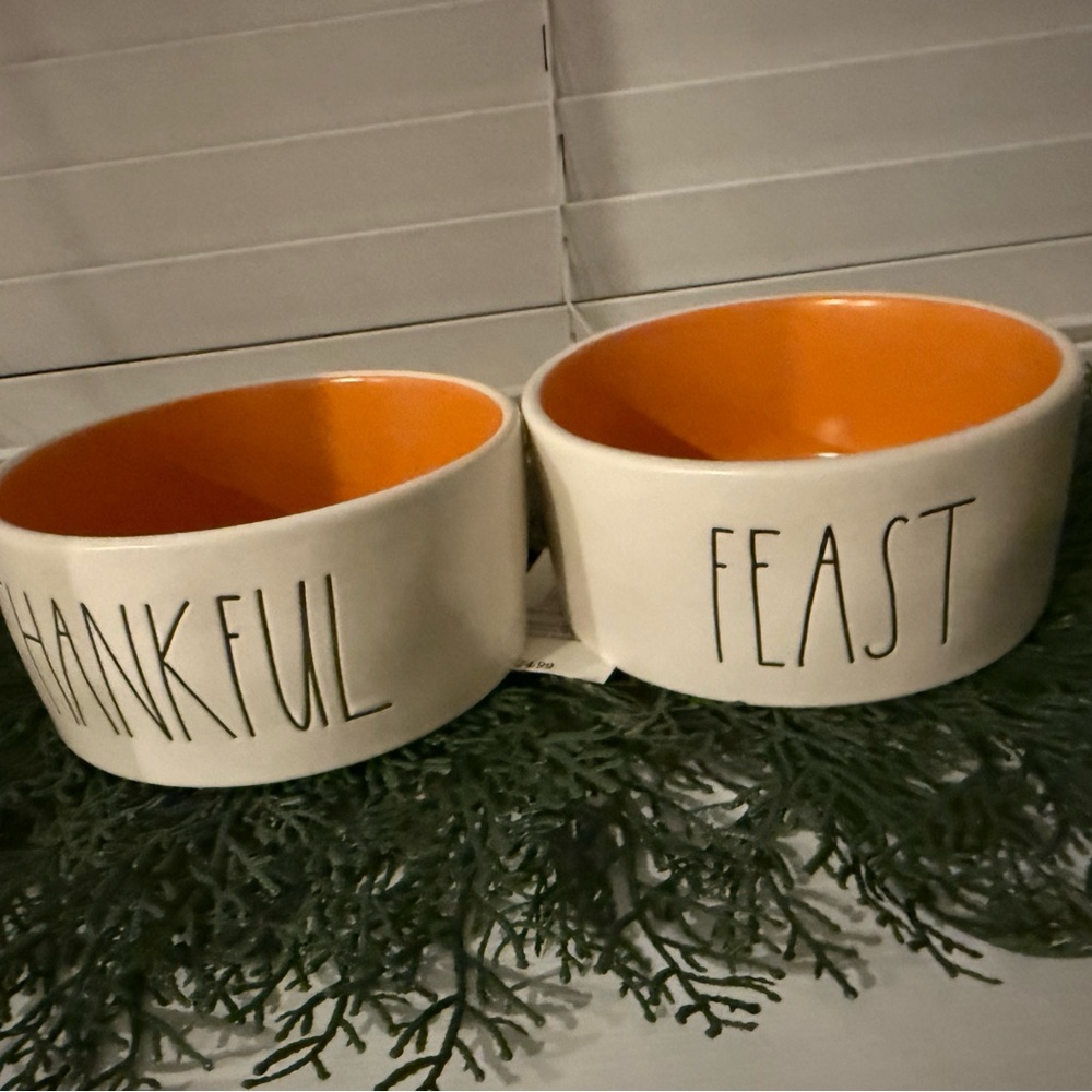 Rae Dunn Thankful Feast Dog Bowls - Orange and White
